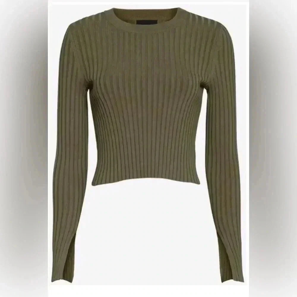 Woman INTERMIX khaki Green Ribbed Long Sleeve Cropped Shirt Top Sz Petite XS